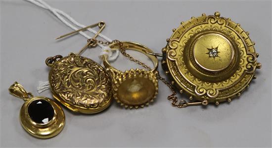 An 18ct gold and citrine ring, an 18ct gold gem set pendant , a locket and a Victorian gold and diamond set brooch.